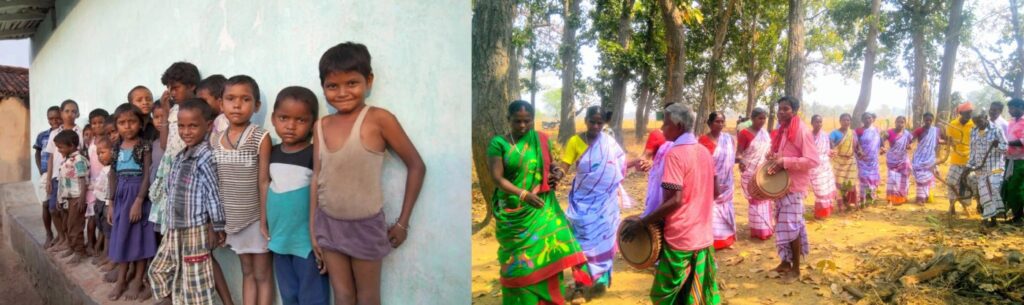 children in Jharkant and a traditional ceremony in Tudu's village